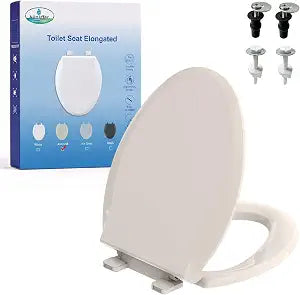 Almond Elongated Toilet Seat, 18.5 x 14.2 Inch Durable Plastic Toilet Seat, Slow Close Quiet Lid, Top & Bottom Mount Hardware, Easy Clean & Safe Universal Bathroom Toilet Seat
