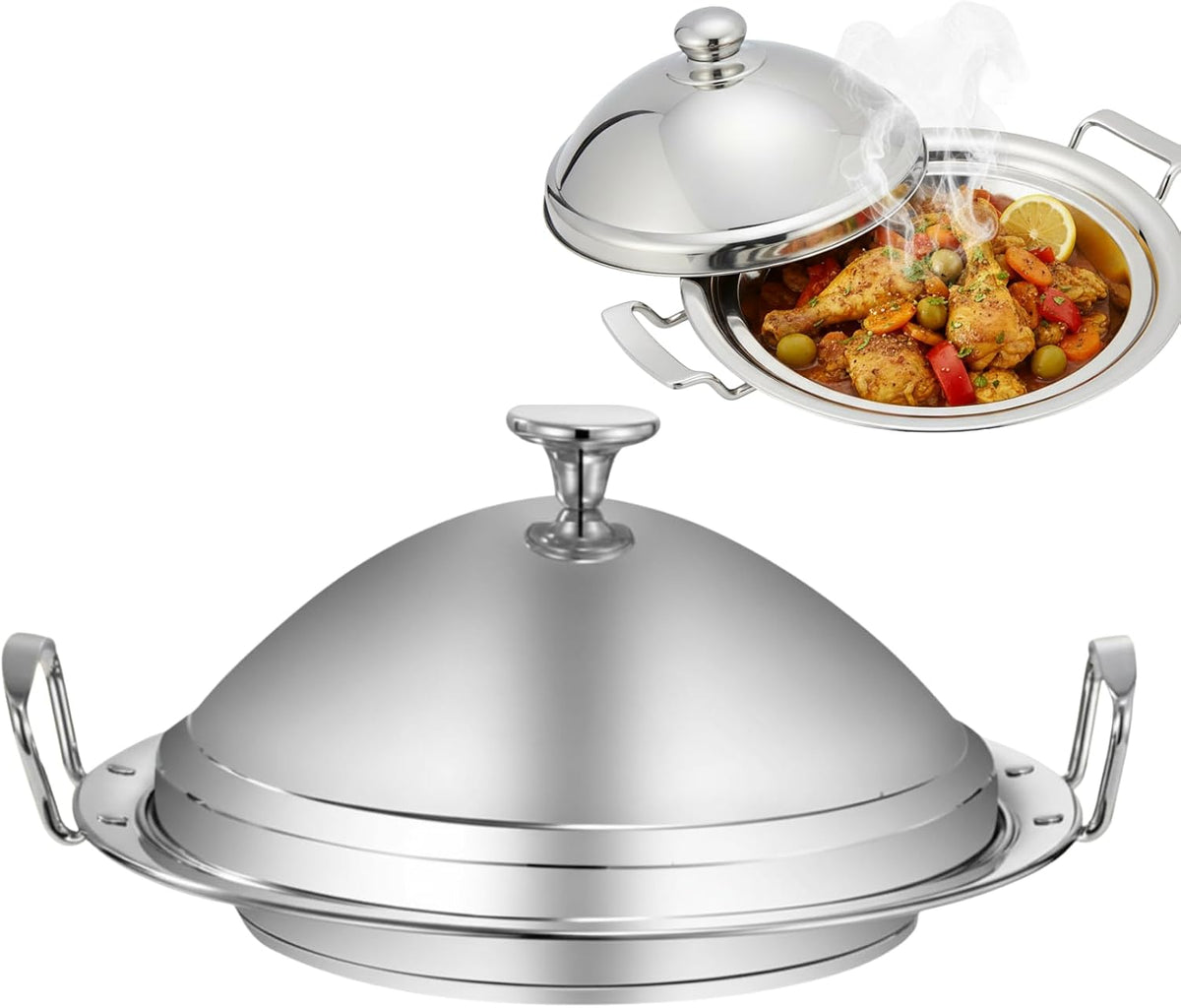 Stainless Steel Moroccan Tagine Pot, Large Moroccan Tajine Casserole with Cone-Shaped Lid, 11" Tagine Cooking Pot with 2 Handles
