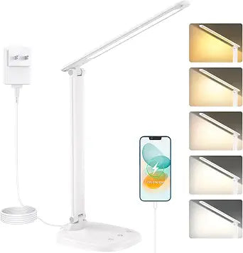 Desk Lamp with Charger, 10%-100% Stepless Dimmable & 5 Color Modes Study Lamp, Touch Control, 30-/60-minute Timer, USB Charging Output Port, CRI90, Eye-Caring Foldable LED Desk Lamps for Home Office
