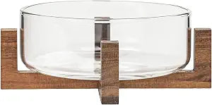 10 Strawberry Street Acacia Glass Fruit Bowl with Pedestal Base, Clear Serving Bowl, Wooden Stand, Everyday Tabletop Display