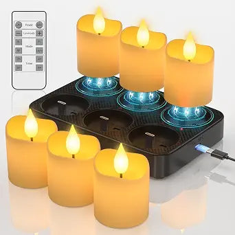 SoulBay Flameless Candles Rechargeable with Remote, 6pcs Electric LED Fake White Votive Candles with Charging Base and Timer, Flickering Decorative Lights for Home Table Holidays Christmas Dcor