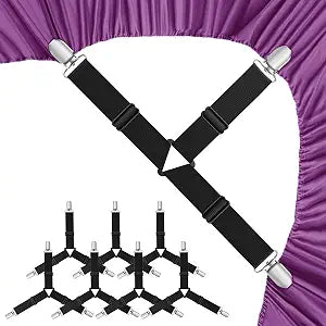 Bed Sheet Holder Straps, Adjustable Elastic Fasteners with Metal Clips, Keep in Place Fitted Bedding Holder, Easy Install Suspenders Mattresses, Firm Tight Accessories (Black 8Pcs Set)
