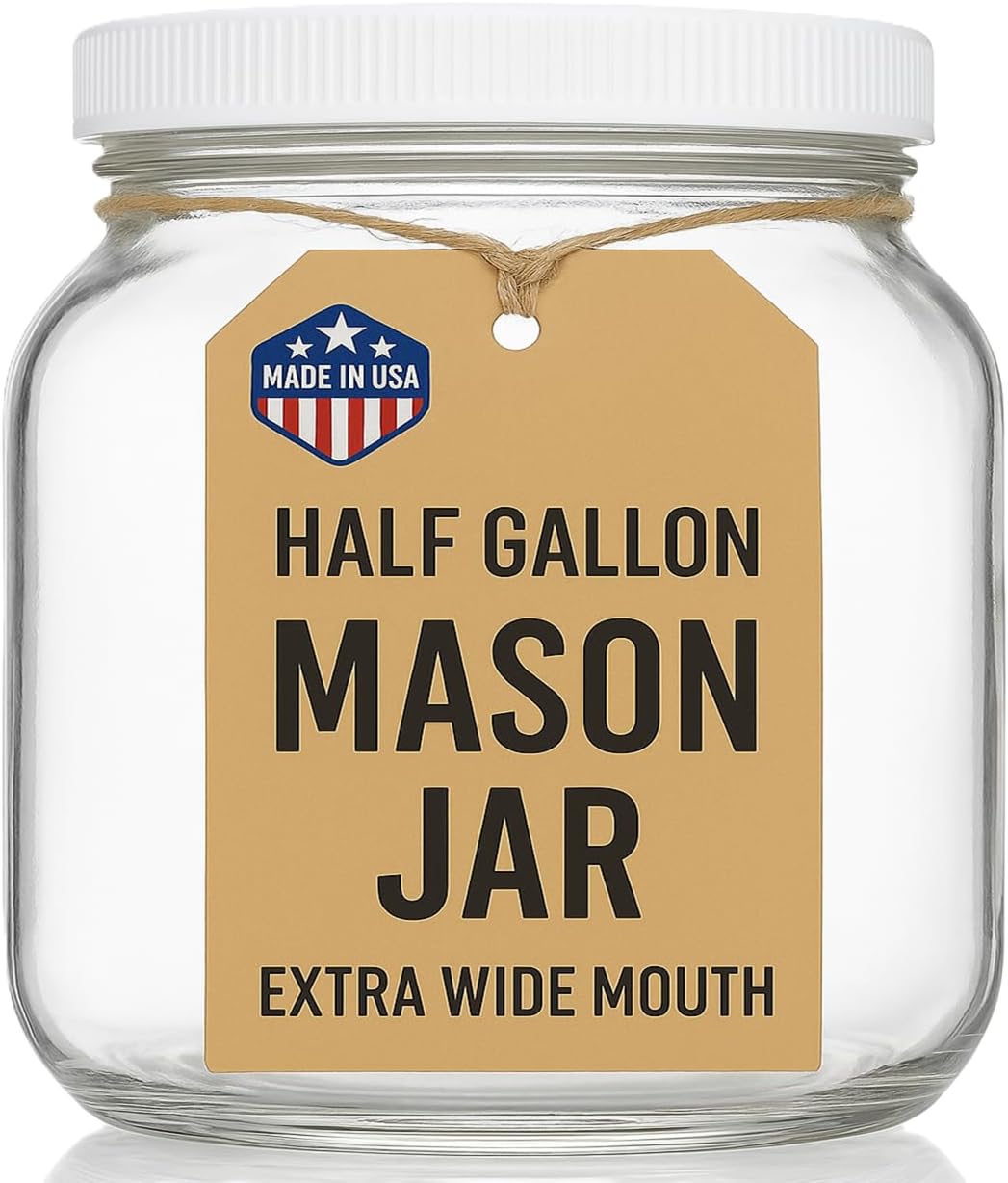 kitchentoolz Half Gallon Mason Jar - Wide Mouth 1/2 Gallon Glass Jar with Lid - Airtight Glass Storage Containers with Lid Fermenting, Canning, and Dry Storage - Made in USA