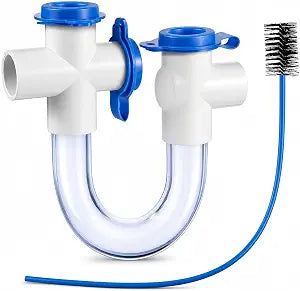QWORK 3/4 Inch HVAC Condensate Trap with 18 Inch Cleaning Brush  Transparent PVC U Trap for Air Conditioner, Furnace Systems & Heat Pumps  Clear Drainage Maintenance Kit