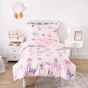 Wake In Cloud - Butterfly Toddler Bedding Set for Girls, Cute Colorful Butterfly with Floral Flowers, 4 Pieces Soft Crib Bed Set Including Comforter, Sheets and Pillowcase, Pink