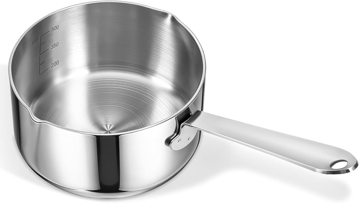 18/10 Stainless Steel Butter Warmer Measuring Pan, 0.5 Quart Small Sauce Pan with Dual Pour Spout, 17OZ/500ml Coffee Milk Chocolate Butter Melting Pot