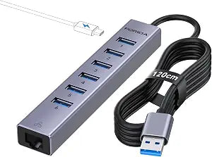 FORIDA Aluminum USB to Ethernet Adapter with 7-Port USB Hub  3.9ft Long Cable, Gigabit Ethernet Port, 5V/3A Power Port | USB Extender Compatible with Windows, macOS, Linux & More