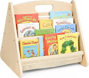 AZSKY Montessori Toddler Bookshelf with Front-Facing Book Display, Double-Sided Wooden Sling Book Rack for Kids, Space Saving Nursery & Playroom Book Organizer for Reading Corner, Beige