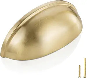 QOGRISUN 5-Pack Solid Brass Cabinet Bin Pulls,Gold Cup Drawer Dresser Handles,3-Inch Hole Center,Kitchen Cupboard Konbs Hardware, Brushed Brass Finish