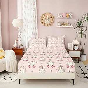 Homewish Kawaii Duck Fitted Sheet Twin Size,Cartoon Goose Daisy Bow Animal Bedding Set 2pcs,Retro Rustic Bed Sheets with 1 Pillowcase,Princess Kids Boys Girls Room Decor, Soft Bedding(No Flat)