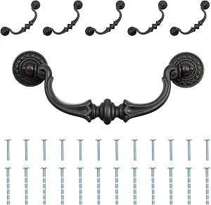 6 Pack Drawer Pulls Handles 6.7" Total Length, 5.5" Hole Center Vintage Antique Black Kitchen Cabinet Handles Drop Bail Pulls with Short & Long Screws