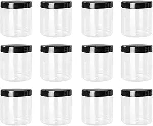 Lawei 12 Pack Plastic Jars with Lids, 16 Oz Clear Storage Jars with Black Screw Lids, Refillable Round PET Plastic Containers Wide Jar for Dry Food, Spice, Nuts, Candies, Honey Jam