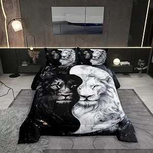 Castle Fairy Wild Lion Couple Bedding Set Full Size Tropical African Animal Comforter for Child Toddler Teens Black and White Down Comforter Lions Wildlife Duvet Insert with 2 Pillowcases