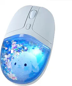 elec Space Wireless Bluetooth Mouse -Cute Clear Aqua Design, Glitter Liquid Sand Water Mouse with Optical Precision, Silent Clicks, LED Breathing Light,Transparent Retro Style for Home Office (Blue)