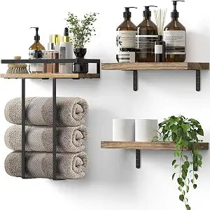 3-Piece Solid Wood Floating Shelf with Towel Rack, Carbonized Wood Wall Mounted Bathroom Organizer, Hanging Book Shelf for Bedroom Kitchen Living Room Decor