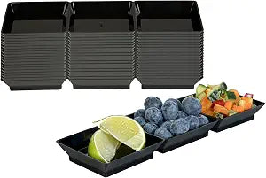 Restaurantware Rectangle Black Plastic Terzetto Mini Plate, 20 Pack