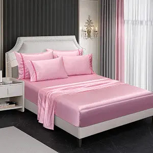 6 Piece Satin Sheet Set European Style Bedding Sets Deep Pocket 1800 Rich Silk Velet Ribbon Super Soft 4 Pillowcases Wrinkle Fade Resistant Esay Care Machine Wash (Pink,King)
