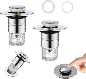 Bathroom Sink Drain Strainer, Pop Up Sink Drain Strainer with Removable Stainless Steel Filter Basket Hair Catcher, Sink Drain Plug for Bathroom Sink Stopper Replacement (Silver)