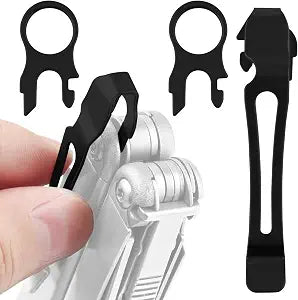 [2-Pack] 2 Black Quick Release Pocket Clips + 2 Black Lanyard Rings Compatible With Leatherman Wave & Charge MultiTools - Stainless Steel Pocket Clip Won't Bend Or Snap - Install Or Replace In Seconds