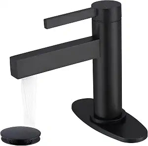 Matte Black Bathroom Faucet for Sink 1 Hole, Single Hole Bathroom Faucet with Optional 6 Inch Deck Plate & Pop-Up Drain, Black Bathroom Faucet 1 Hole, SE-1016-BK