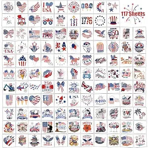 117PCS 250th Anniversary Temporary Tattoo for Adults Kids, 4th of July Tiny Independence Day Fake Tattoos, American Flag Eagle Memorial Labor Day Patriotic Body Tattoos Party Favors