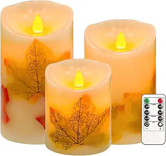 Maple Leaf Flameless Candles Set of 3, Fall Candles with Remote & Timer