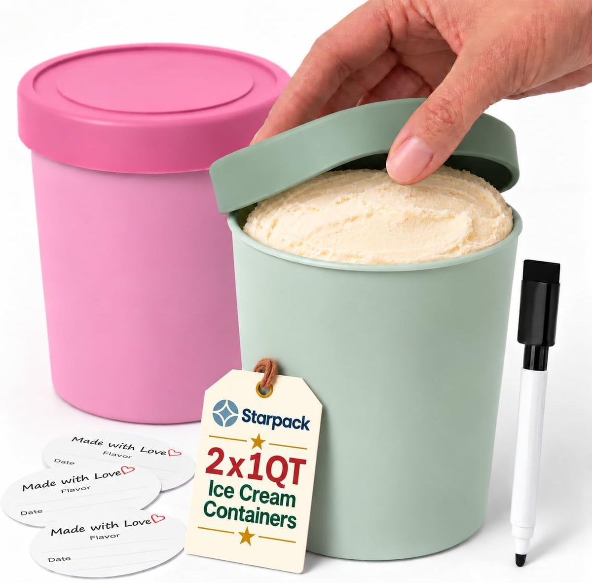 Starpack Homemade Ice Cream Containers, 1 Quart 2 Pack, Sage & Pink -Non-Toxic, Airtight Silicone Lids, BPA-Free Tubs, Rewritable Labels & Pen, Reusable, Stackable, Freezer Safe, Home Cook Gift