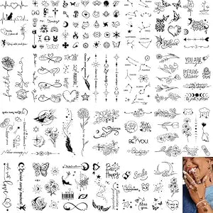 350 PCS Small Finger Temporary Tattoo for Women- butterfly Flower Rose Letter Realistic Black Fake Tiny Tattoos Waterproof Long Lasting Tattoos Stickers Sexy Tattoo for Adults
