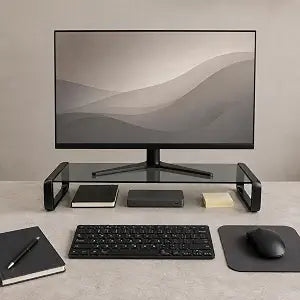 Monitor Stand Riser Smoke Gray Glass Top, Keyboard Storage