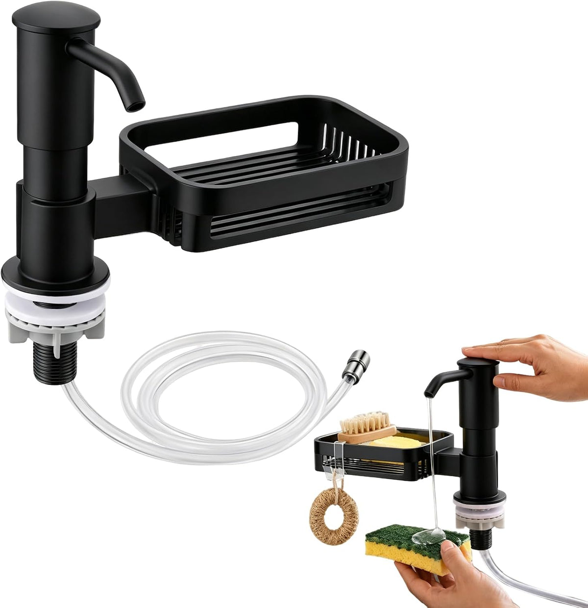 Soap Dispenser Pump for Kitchen Sink, Built in Soap Dispenser Pump with Sponge Holder and 39" Extension Tube Kit, Built in Dish Soap Dispensers Under Sink for Countertop(Black)