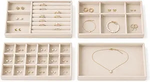 4 Pack Stackable Jewelry Organizer Tray Set - Velvet Display Case