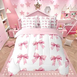 Pink Bow Comforter Set Twin Size 7 Pieces Cute Bowknot Bedding Set for Kids Boys Girls Bed in a Bag with Comforter, Sheets, Pillowcases, Cushion Covers Kawaii Bedroom Decor Quilted Soft