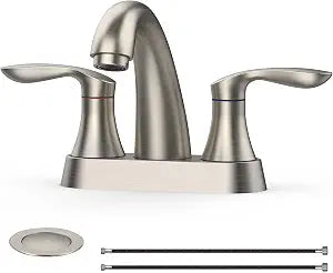 Bathroom Faucet, 4 Inch Bathroom Faucets for Sink 3 Hole, Centerset Bathroom Sink Faucet with Plastic Pop-Up Drain and cUPC Lead-Free Hose(Brushed Nickel)