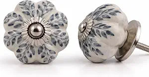 Grey Ceramic Cabinet Knobs  Floral Vintage Drawer Pulls with Stainless Steel Hardware, Decorative Kitchen Cupboard Handles for Dresser, Wardrobe, Closet & Furniture (Pack of 12)
