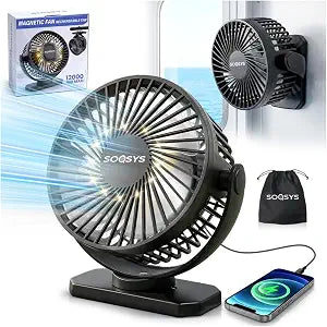 Cruise Approved Magnetic Fan with 12000mAh Rechargeable Battery, Cruise Fan with 3 Speeds, Timer, Led Lights, Power Output & Bottom Hook, Portable Fans for Camping Travel Cruise Essentials