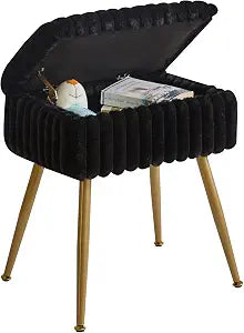 Aibiju Vanity Stool with Storage, Faux Fur Vanity Chair, Footrest Ottoman, Multifunctional Makeup Vanity Chair for Bedroom Black YD-MS151B