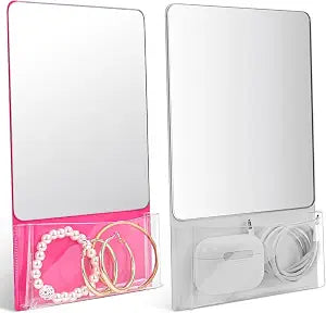 Magnetic Locker Mirror with Storage Bag, 6.7x5.5 Inch Real Glass Mirror, Strong Magnetic Backing, High Definition Reflection, Rounded Safety Edges, Grey and Pink (1, Grey+Pink)