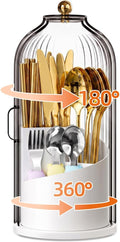 360 Rotating Silverware Organizer with Lid, Kitchen Counter Utensil Holder