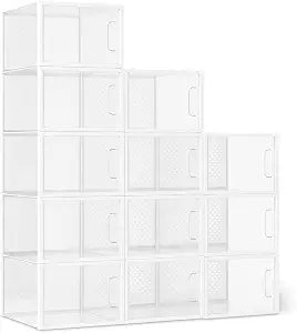 Amazon Basics Stackable and Foldable Clear Shoe Storage Organizer Box, Large, 12-Pack