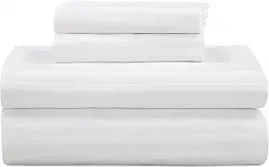 ROYALE LINENS 300 Thread Count 100% Long Staple Combed Cotton Striped Sheet Set - 4 Piece Full Bed Sheets - 1 Fitted, 1 Flat, 2 Pillow Cases -Soft Cool & Crisp Sheet Set (Full, Stripe White)