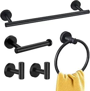 JUSTHERE 5 Pieces Matte Black Bathroom Hardware Set, Bathroom Accessories Stainless Steel Wall Mounted, Including 16" Towel Bar, Toilet Paper Holder, Towel Ring, Towel Hook, Towel Racks for Bathroom