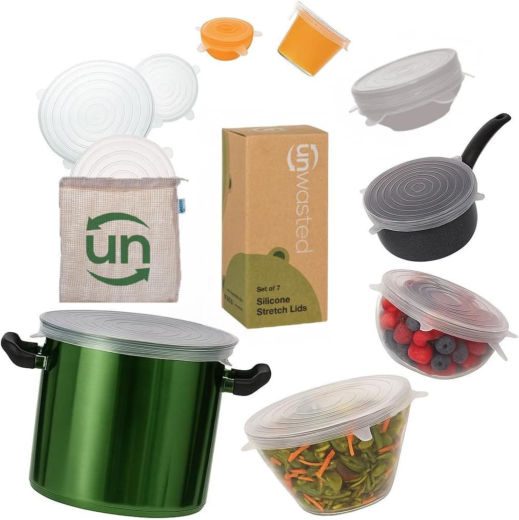 unwasted Reusable Silicone Lids (Variety Pack) - Upgrade Your Kitchen Gadgets with Our Covers for Food Storage - Reusable Silicone Stretch Lids and Food Covers for Containers (Pack of 7)