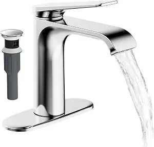 JOMOO Waterfall Bathroom Faucets, Modern Single Handle Bathroom Sink Faucet for 1 or 3 Holes, Washbasin Faucet with Deck, Pop-up Drain and Supply Hoses