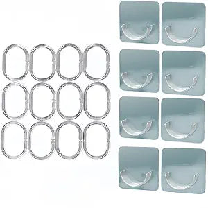 12 Pcs C Shaped Shower Hooks Clear Shower Curtain Rings 8Pcs Tension Curtain Rod Bracket No Drilling, Adhesive Shower Rod Brackets for Wall