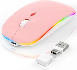 LED Wireless Laptop Mouse, Bluetooth Wireless Mouse for MacBook Air Pro Mac iPad PC, Rechargeable 2 Mode (BT 5.2 + 2.4G USB A/USB C Receiver) Slim Portable Computer Mice with Jiggler Mode - Pink