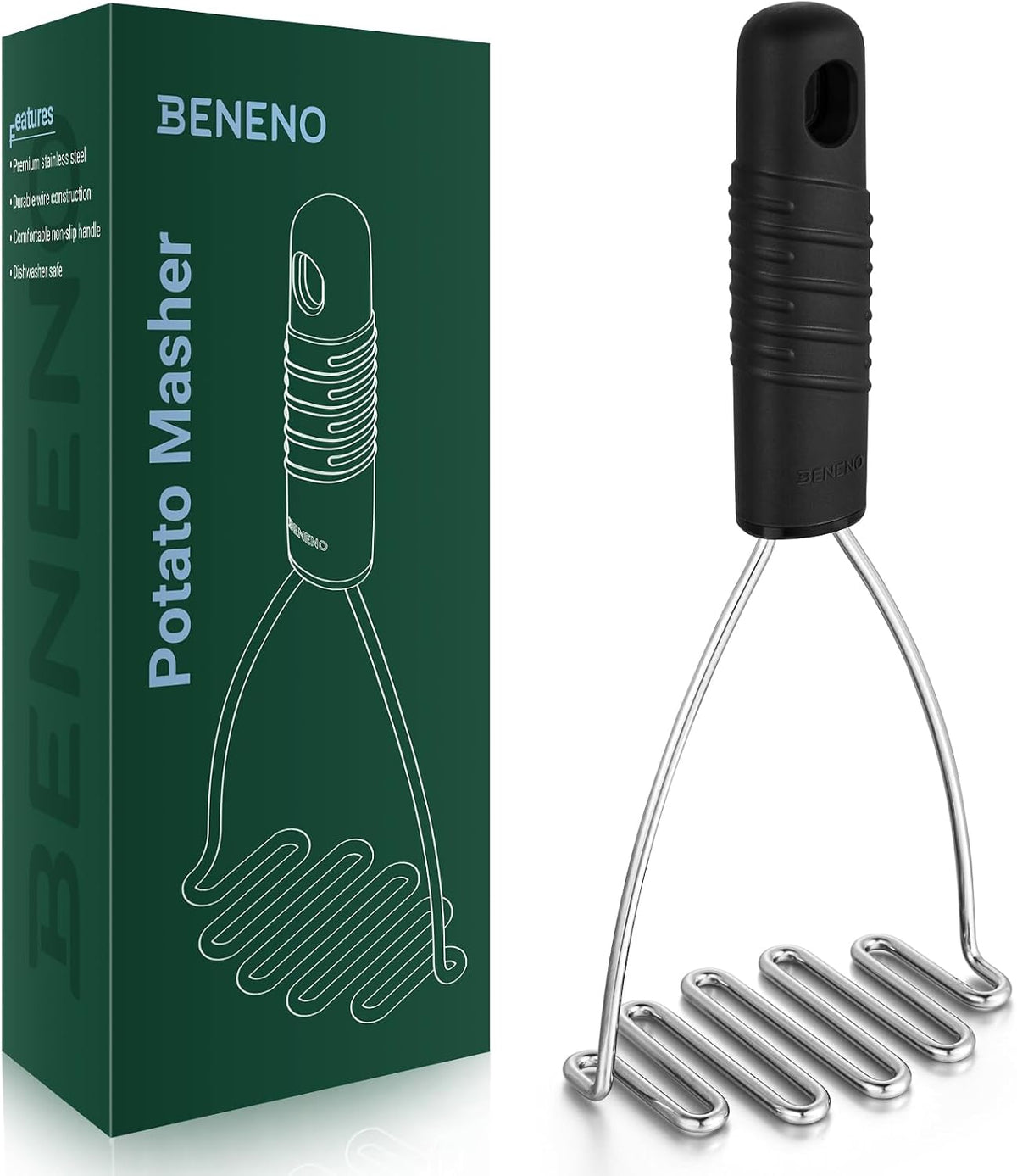 Beneno Ergonomic Grip Stainless Steel Potato Masher, Black