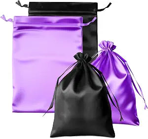 2Pcs Silk Satin Wig Bags, Black and Purple Satin Gift & Travel Bag with Drawstring Tassel, Hair Bags for Packaging Wig, Bundles, Hair Extensions, Storage Sacks for Home, Salon, Travel 13.6"x9.8"