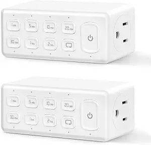 TOPELER Countdown Timer Dual Outlet, Programmable Electrical Timers Outlets with Repeat Function, Up to 4H for Lights, Fan, Appliance, Electric Bike, 3-Prong, 15A/1875W,  HP, 2 Pack