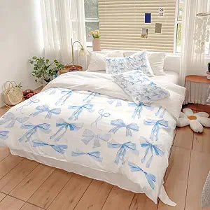 Trendy Blue Bow Duvet Cover Twin Size Dreamy Princess Style Bedding Set Bowknot Bed Cover,Kids Girls Super Soft Bedding Set for Teens Funky Preppy Coquette Girly Room Bed Decor 68"x88"