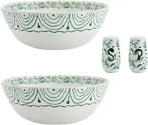 Fitz and Floyd Sicily Green Serving Bowls with Salt & Pepper Shakers, Set of 2
